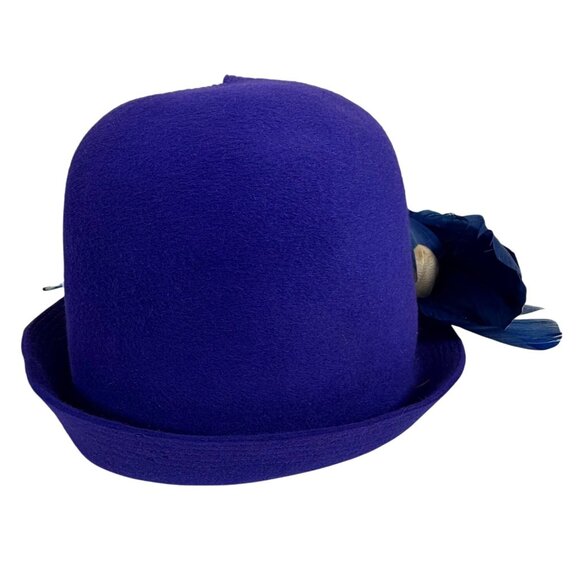 Vintage FLEUR de LIS Cobalt/Purple Felt Cloche Fascinator Hat Blue Feather Italy - Picture 4 of 11